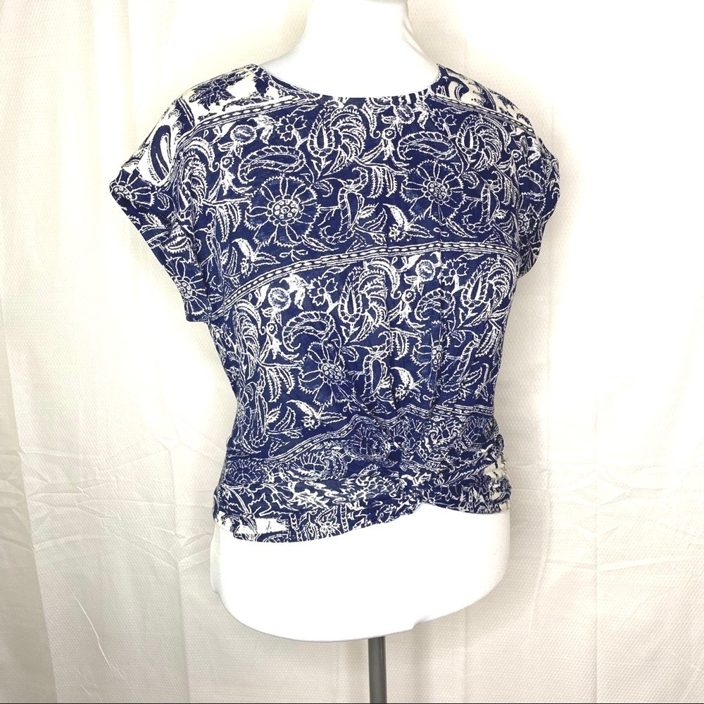 Lucky Brand Front Knot Tie Top Small Floral‎ Blue White Boho